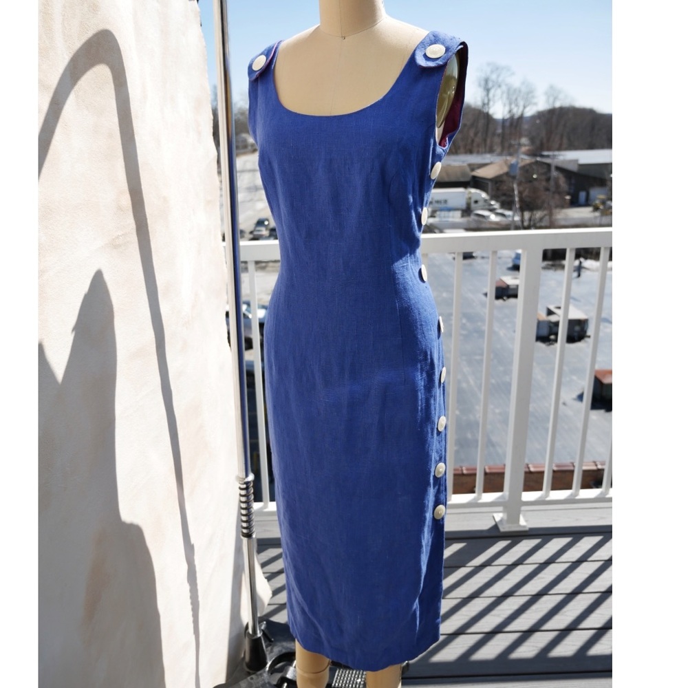 Linen Midi Dress Cobalt Blue Vintage Sleeveless Side Buttons Slit Scoop Neck Med